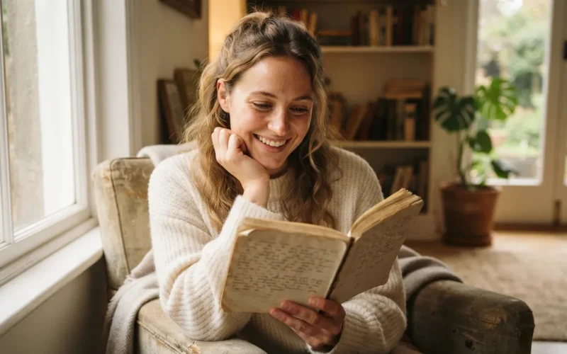 a person smiling while reading a book or journal in a sunlit room