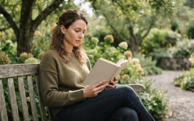 a person reading a book or phone in a peaceful outdoor setting