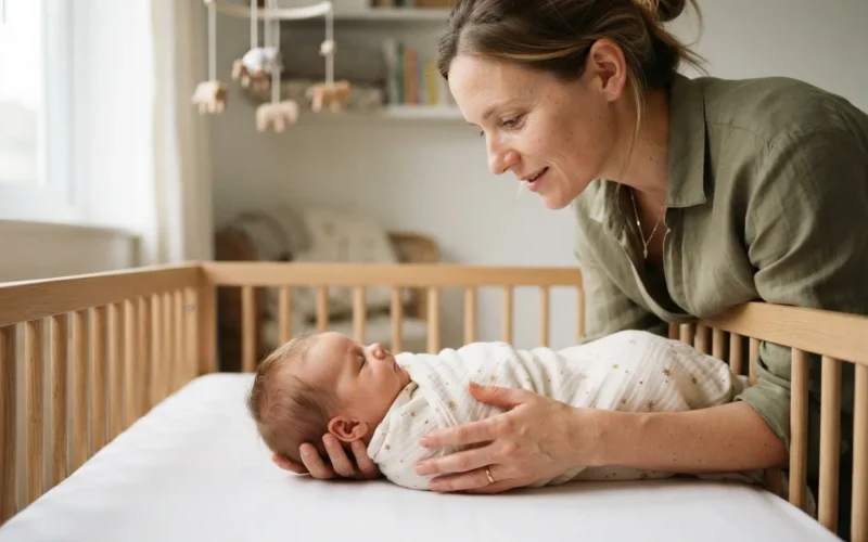 a parent gently placing a baby in a crib
