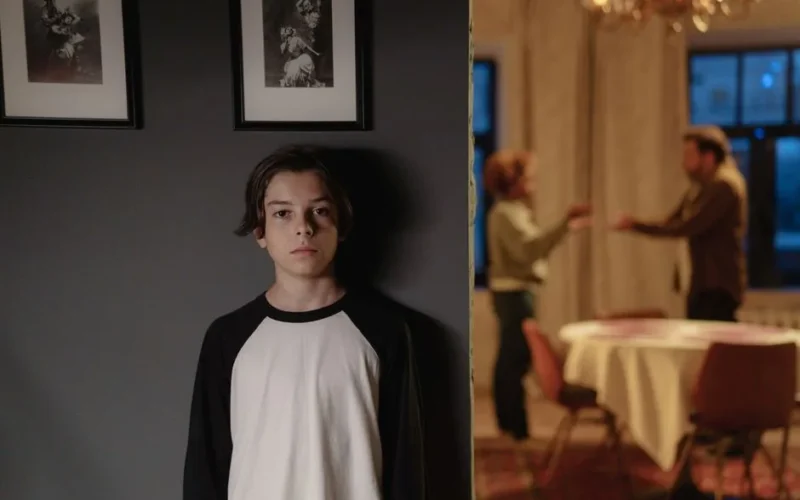 A boy stands in focus, while two adults argue in the background, depicting family conflict.