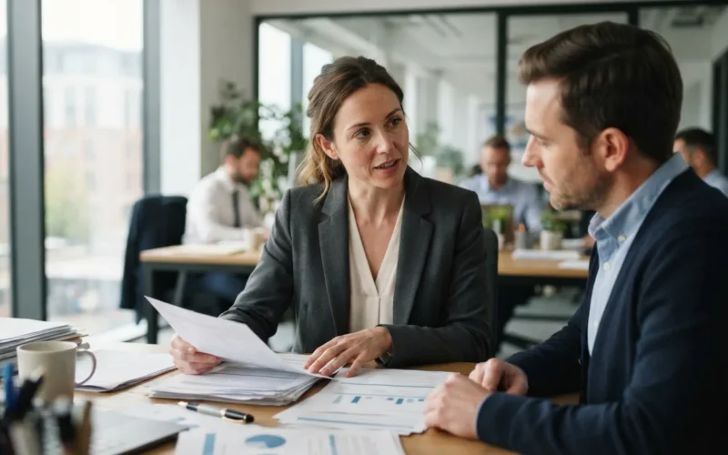 a professional in an office discussing insurance documents