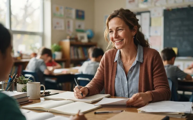 a smiling teacher at a desk in a classroom