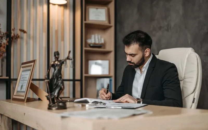 A focused lawyer in an office setting writing and reviewing legal documents, symbolizing expertise and professionalism.