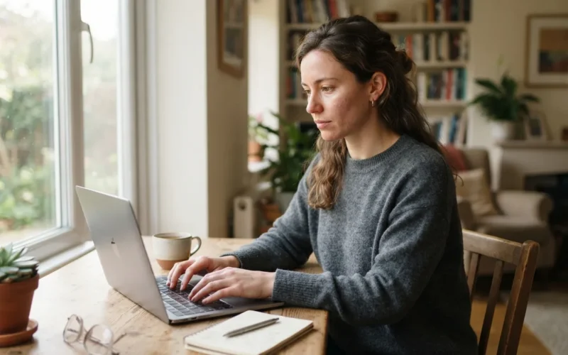 a woman working at a laptop with a calm home background