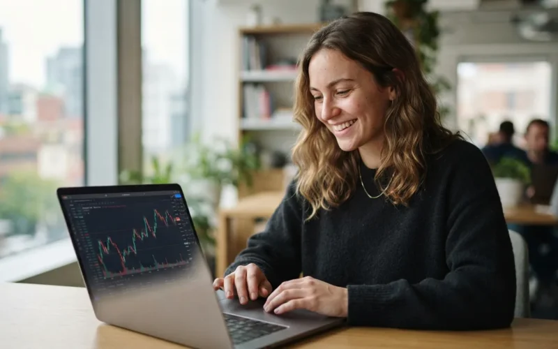 a person smiling while looking at a laptop with financial graphs on screen