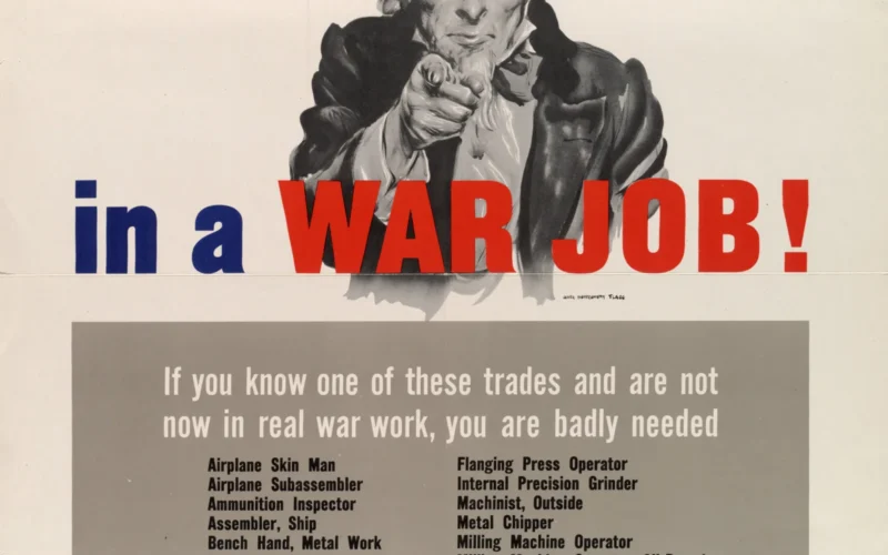 Uncle Sam pointing his finger towards viewer and below him is a list of jobs where workers are needed, reading 'If you know you are one of these trades and are not now in real war work, you are badly needed - airplane skin man, etc. See your nearest U.S. Employment Service' OWI Poster no. 25. 1943-O-502683