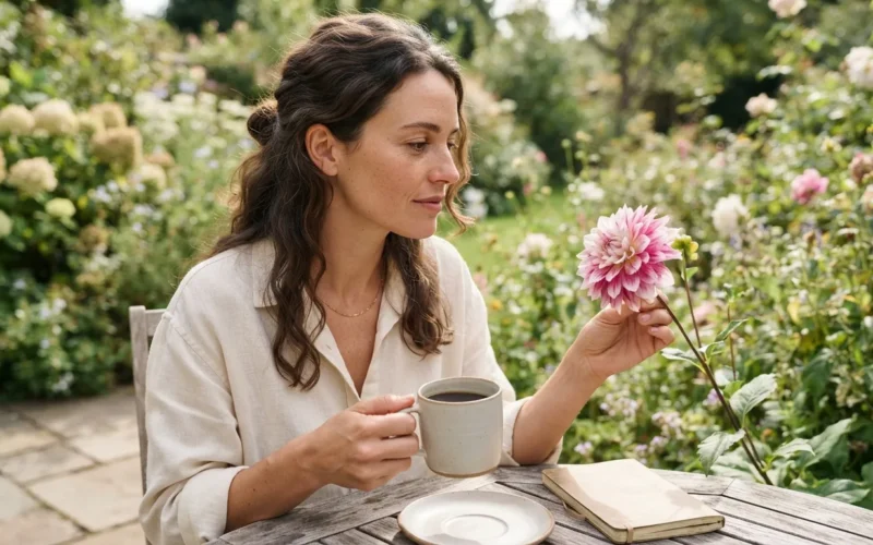 a person holding a cup of coffee while looking at a blooming flower