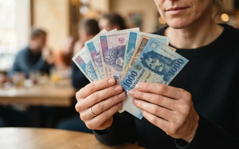 a person holding Polish and Hungarian banknotes