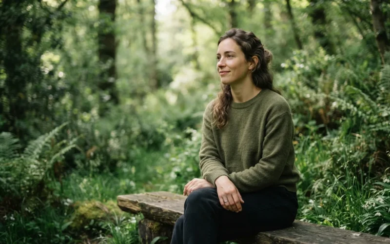 a person sitting calmly without a phone, surrounded by nature
