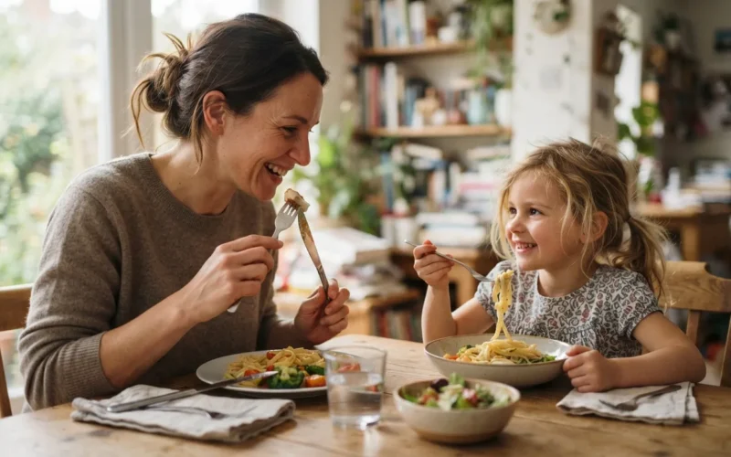 a parent and a child eating a meal together at a table