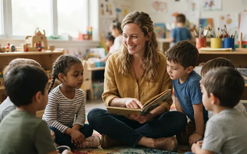 a female teacher sitting with young children in a colorful classroom