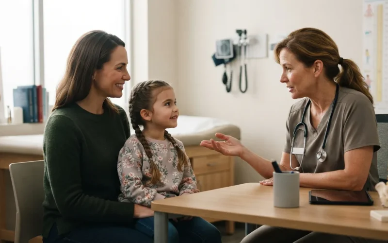 a parent and child talking to a doctor in a medical office