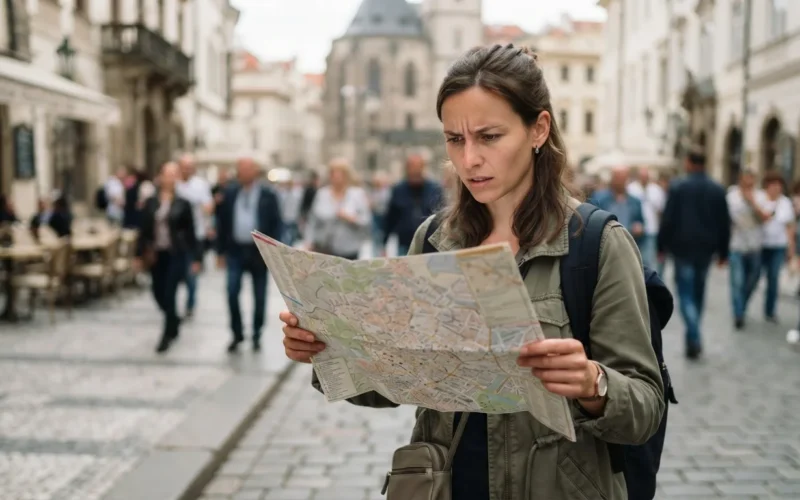 a confused tourist looking at a map or phone