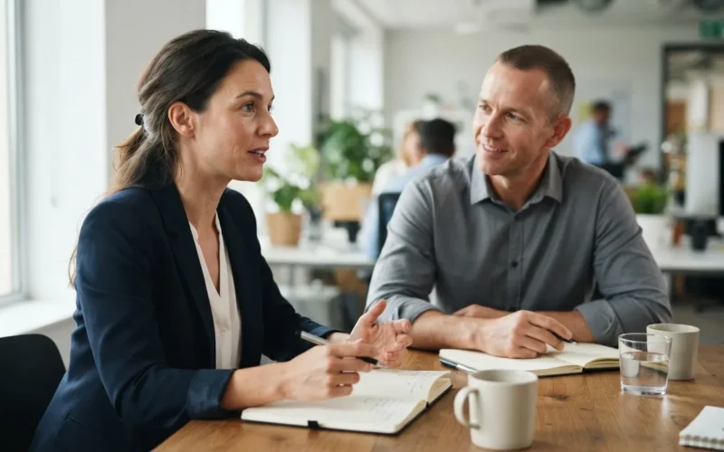 a person in a business meeting with a manager
