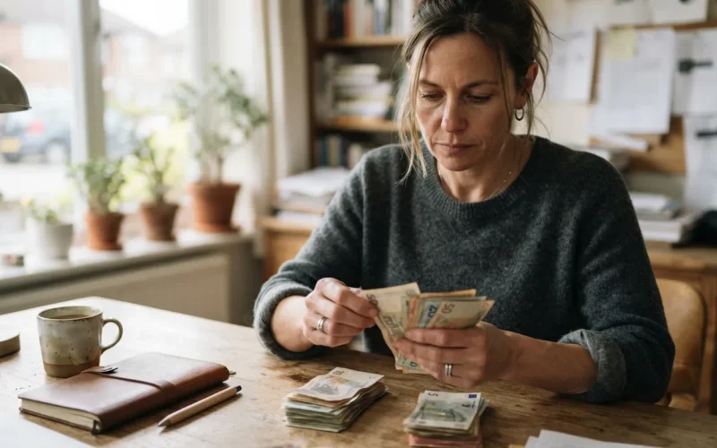 a person counting money at a desk