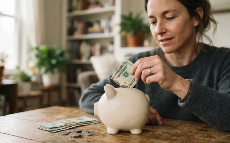 a person putting cash into a piggy bank