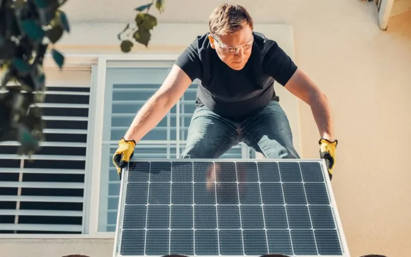 A man in safety glasses installs a solar panel on a house roof, promoting renewable energy.