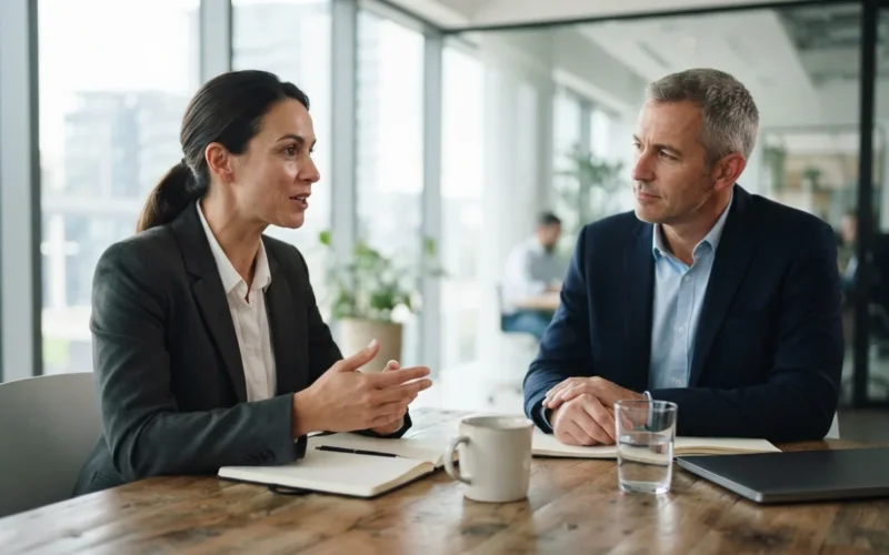 a person in a business meeting with a manager