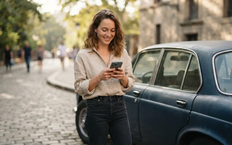 a person standing beside a car with a smartphone