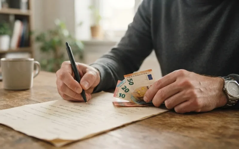 a person holding euro banknotes and a pen over a document