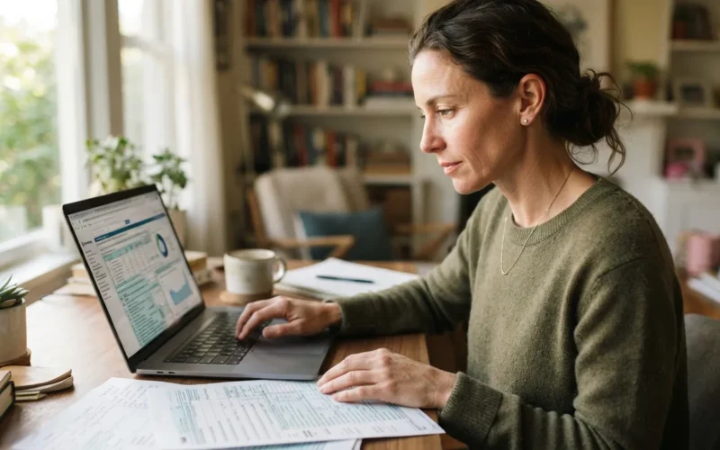 a person working at a laptop with a tax form in a home office