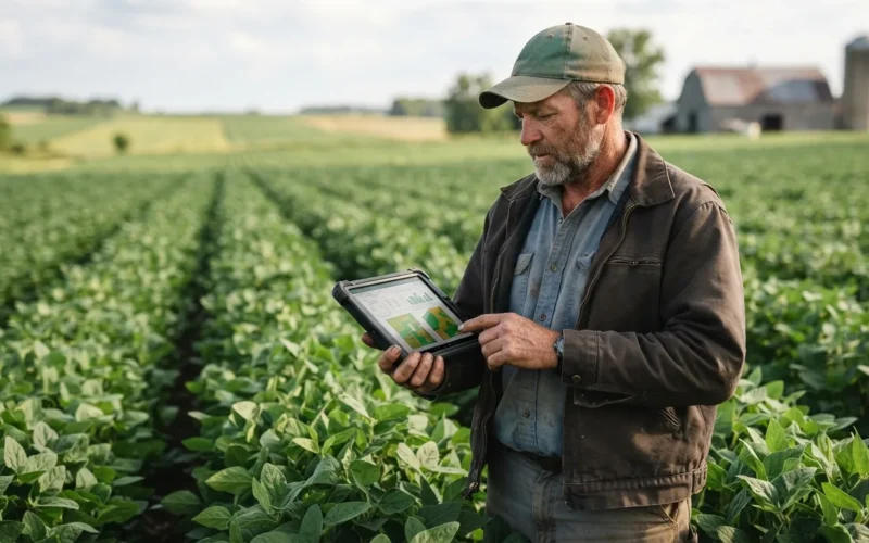a farmer standing in a field of crops holding a tablet