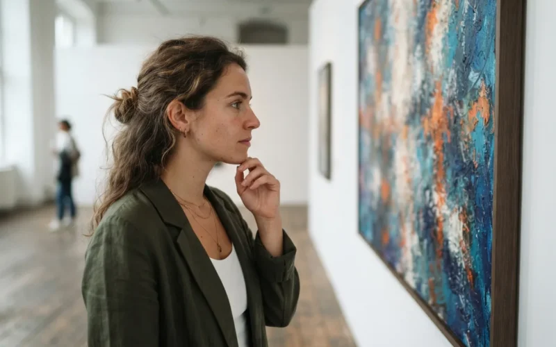a person looking at a painting in an art gallery