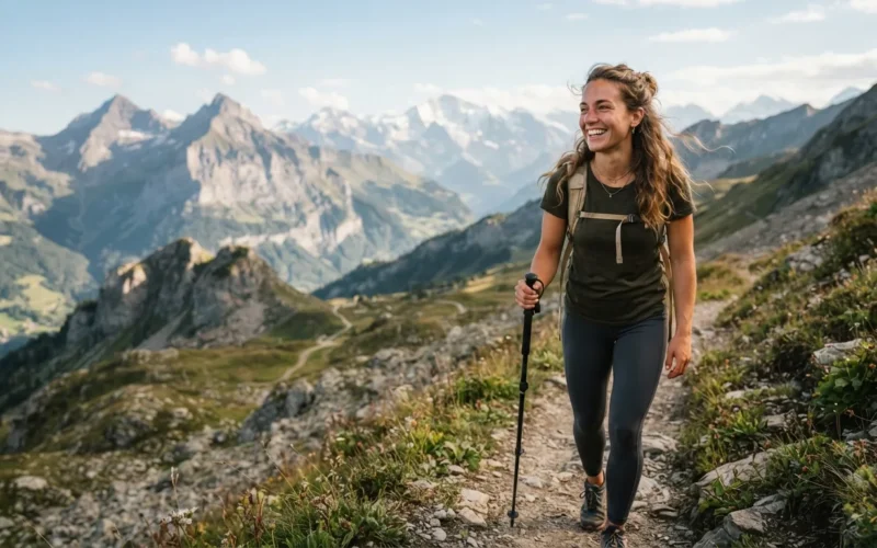 a person smiling while hiking in a scenic landscape