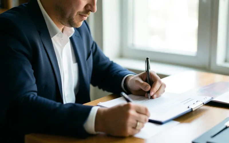 a person writing or editing a CV, with a sense of new beginning or career return