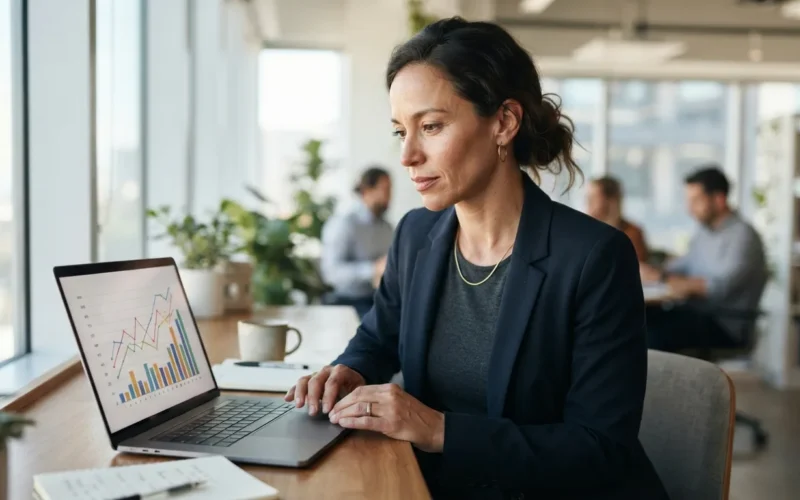 a businesswoman looking at a chart on a laptop