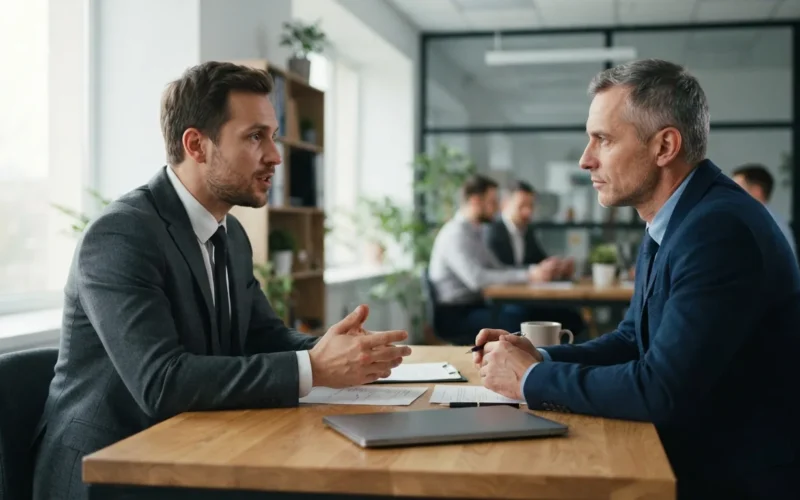 a person in a suit sitting across a desk from a manager, talking seriously