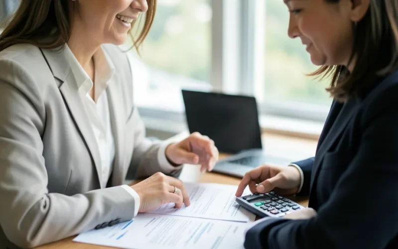 a person discussing loan terms with a bank representative or documents and calculator