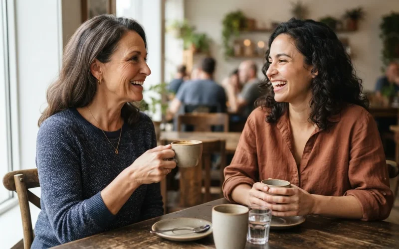 a woman and her adult daughter talking