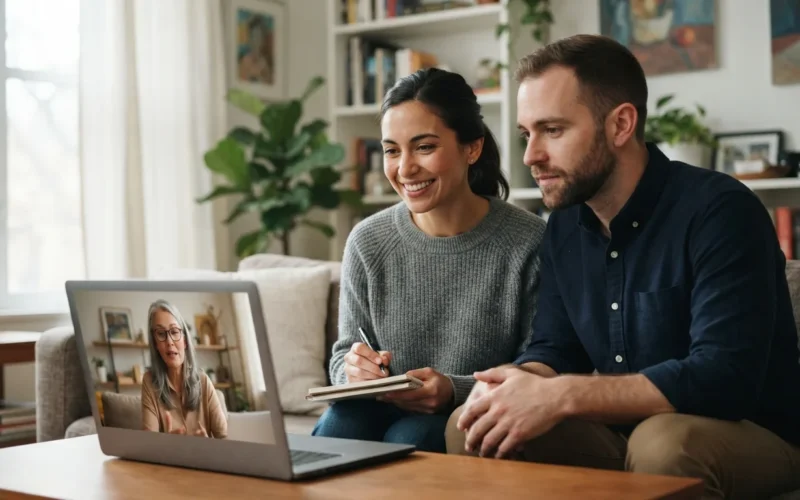 a couple having a video call with a therapist