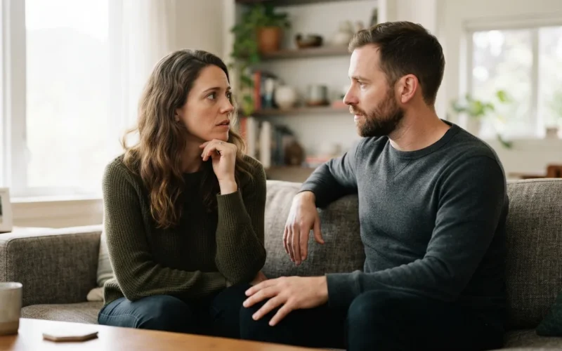 a couple sitting on a couch having a serious conversation