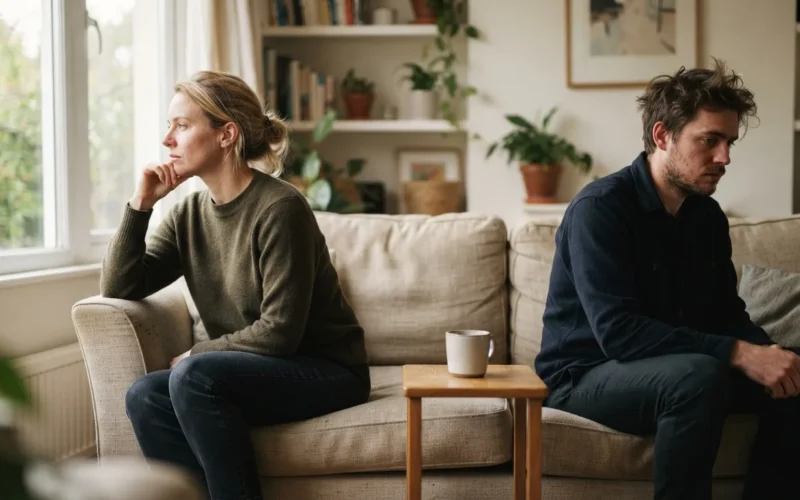 a couple sitting apart on a sofa, looking away from each other