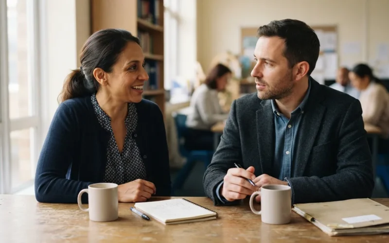 a teacher and a colleague discussing career goals