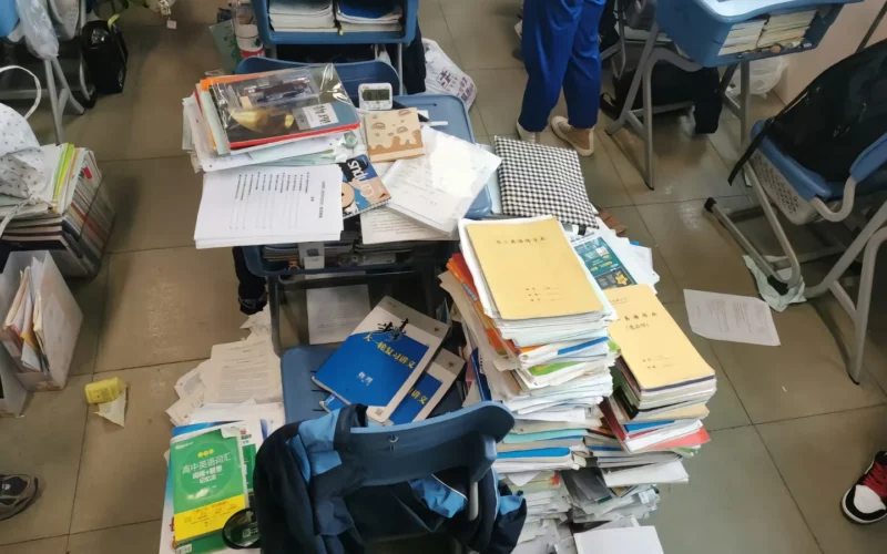 A student's desk in China during their final year of high school, preparing for the college entrance exam.