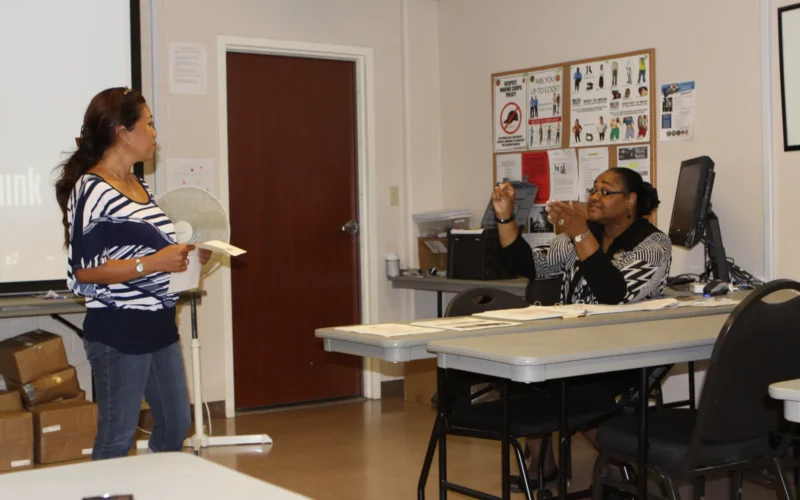 Susan Gasmen (left), a Marine spouse, recieves feedback from Kathryn Butler (left), a personal and professional development instructor with Marine Corps Community Services, during an interview preparation course at the Marine & Family Program building here, Sept. 10. The course covered multiple aspects of the interview process, including preparing for the interview, answering questions, developing questions, preparing a 30 second commercial and understanding the importance of nonverbal communication.