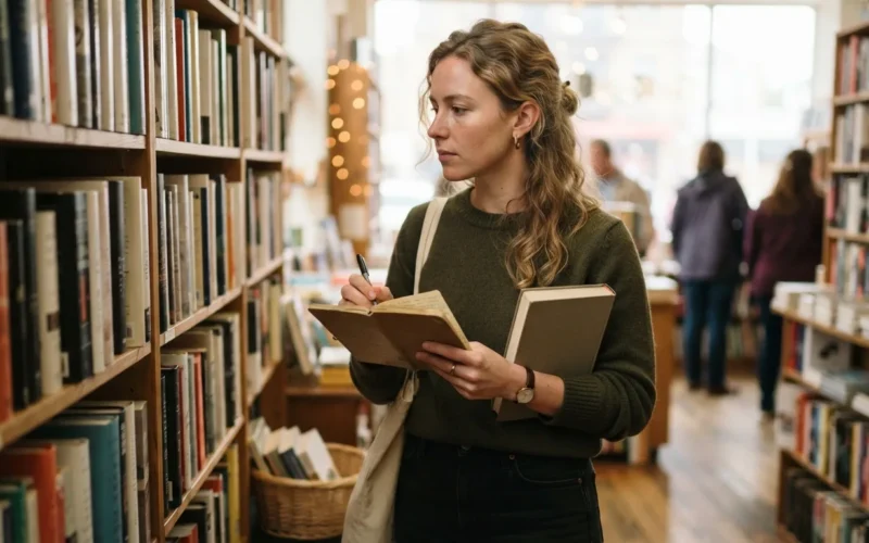 a woman shopping and taking notes