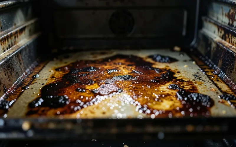 a heavily soiled oven interior with burnt-on grease and food