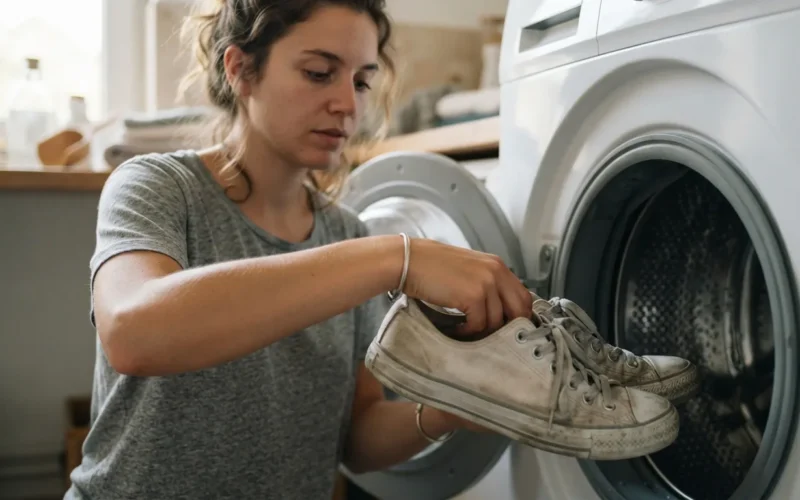 a person placing sneakers into a washing machine