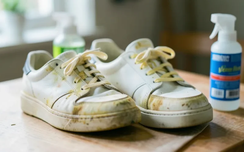 a pair of white shoes, one yellowed and one clean, with cleaning supplies
