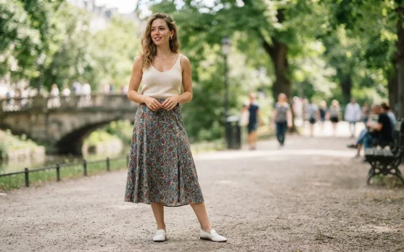 a woman wearing a midi skirt and posing in a city or park setting