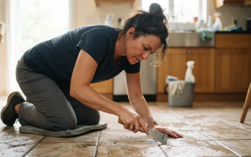 a person cleaning a tile floor with a scraper