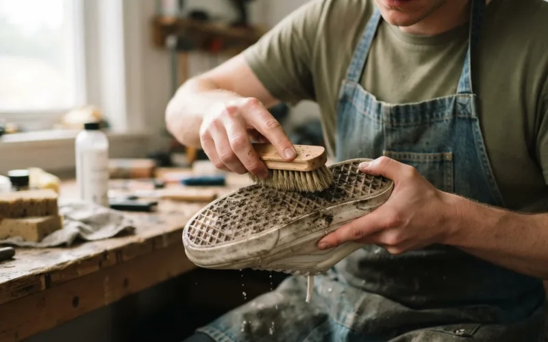 a person cleaning the bottom of a sneaker with a brush