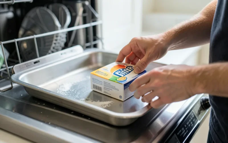 a person cleaning a metal baking tray with a dishwasher tablet