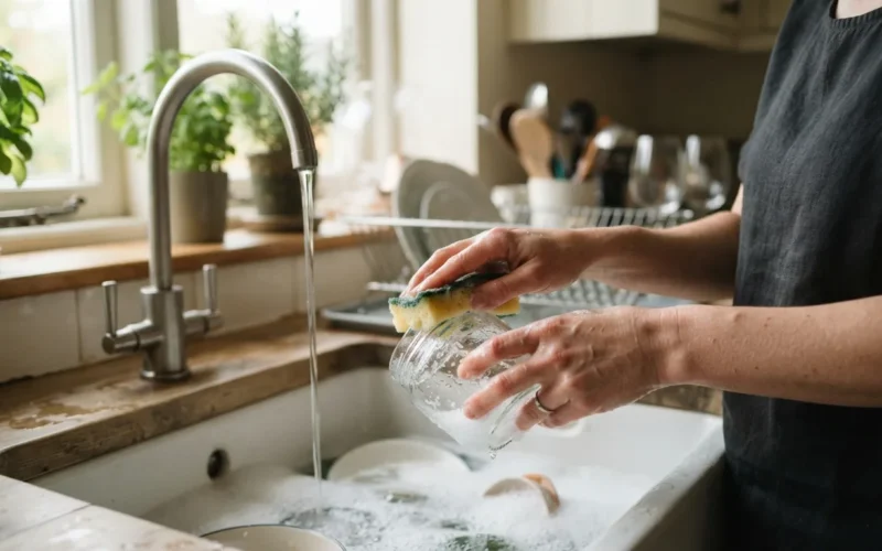 a person scrubbing a glass jar in a kitchen sink