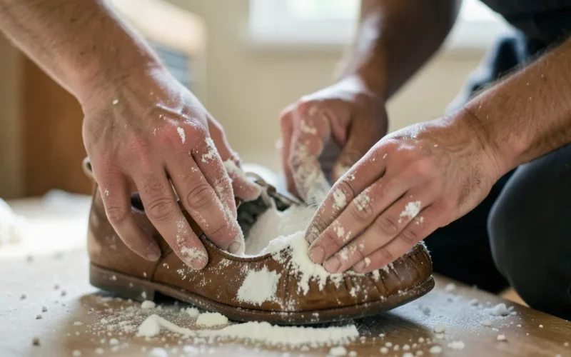 a person cleaning the inside of a shoe with baking soda