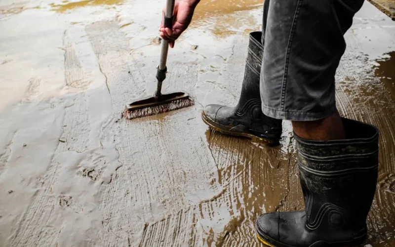 Side view of crop anonymous male worker in gumboots with brush priming cement floor at work